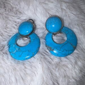 Vintage Gemstone Howlite circle  Disc Blue Stone Interchangeable Earrings